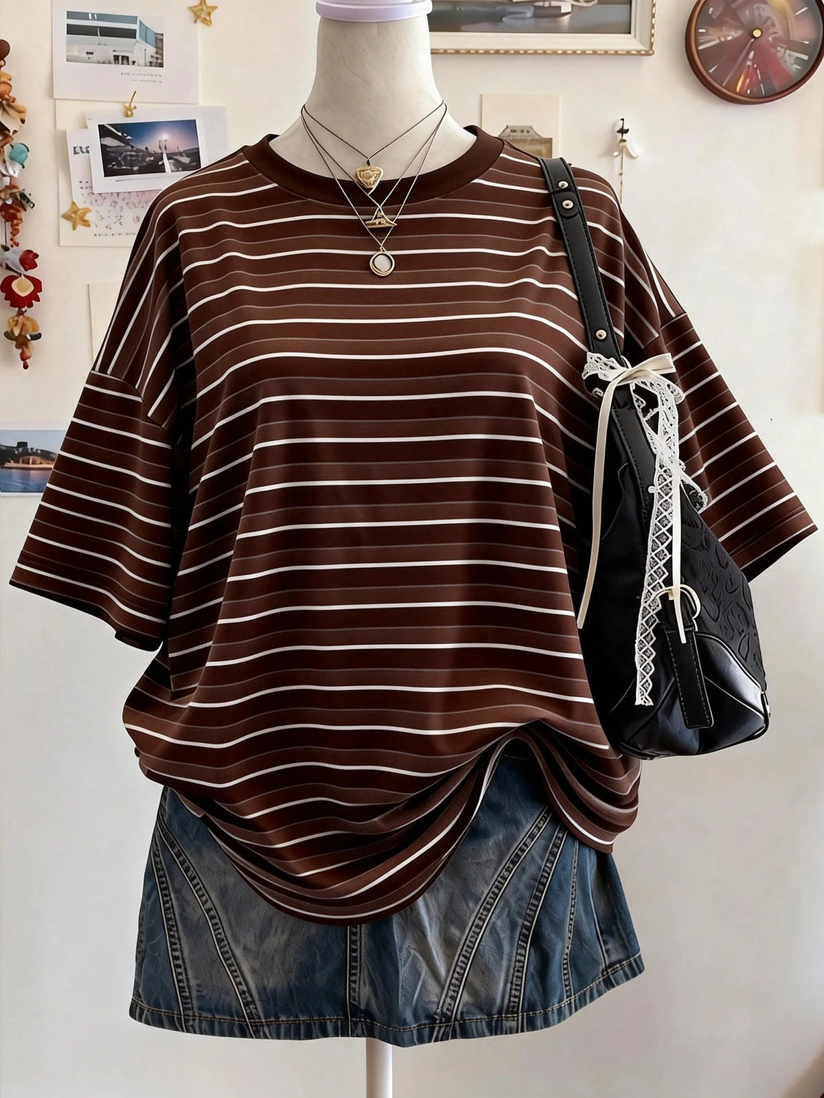 Lalippa Black & White Striped Digital Print Oversized Mid-Length Round Neck Drop Shoulder Women T-Shirt, Casual Gift For Friends