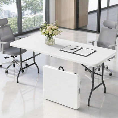 LEO IRIS 4FT/6FT Folding Table With Carrying Handle, Heavy Duty Rectangular Table For Kitchen, Dining Room, Party, Wedding, Indoor & Outdoor Meals, Christmas Gift- White