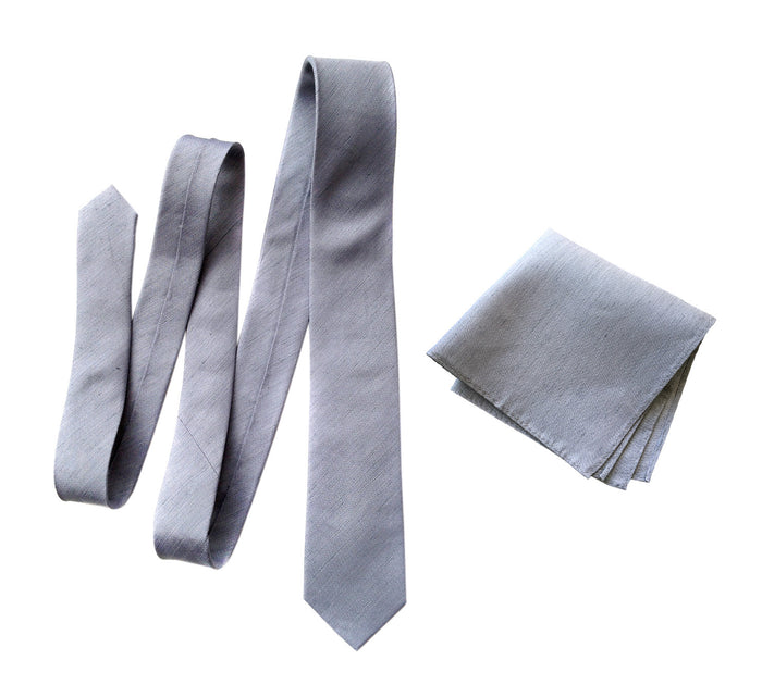 Light grey linen necktie, pocket square, Cyberoptix. Woodward gray linen silk blend woven tie and square