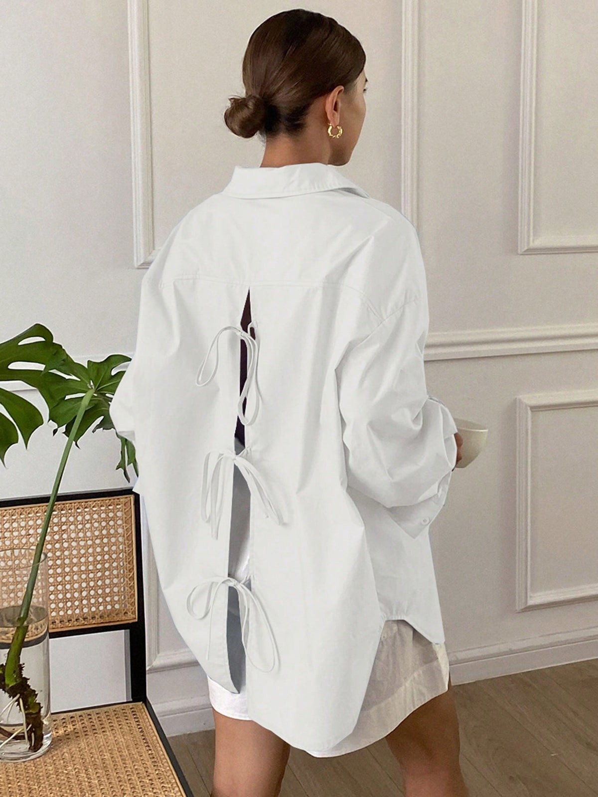Livesso Solid Color Loose Long Sleeve Shirt With Collar, Back Slit, Self-Tie Bow For Women,Fall Clothes Preppy Tops