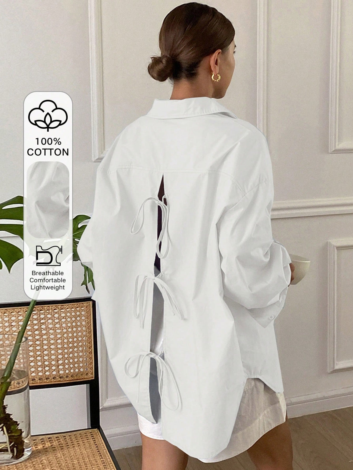 Livesso Solid Color Loose Long Sleeve Shirt With Collar, Back Slit, Self-Tie Bow For Women,Fall Clothes Preppy Tops