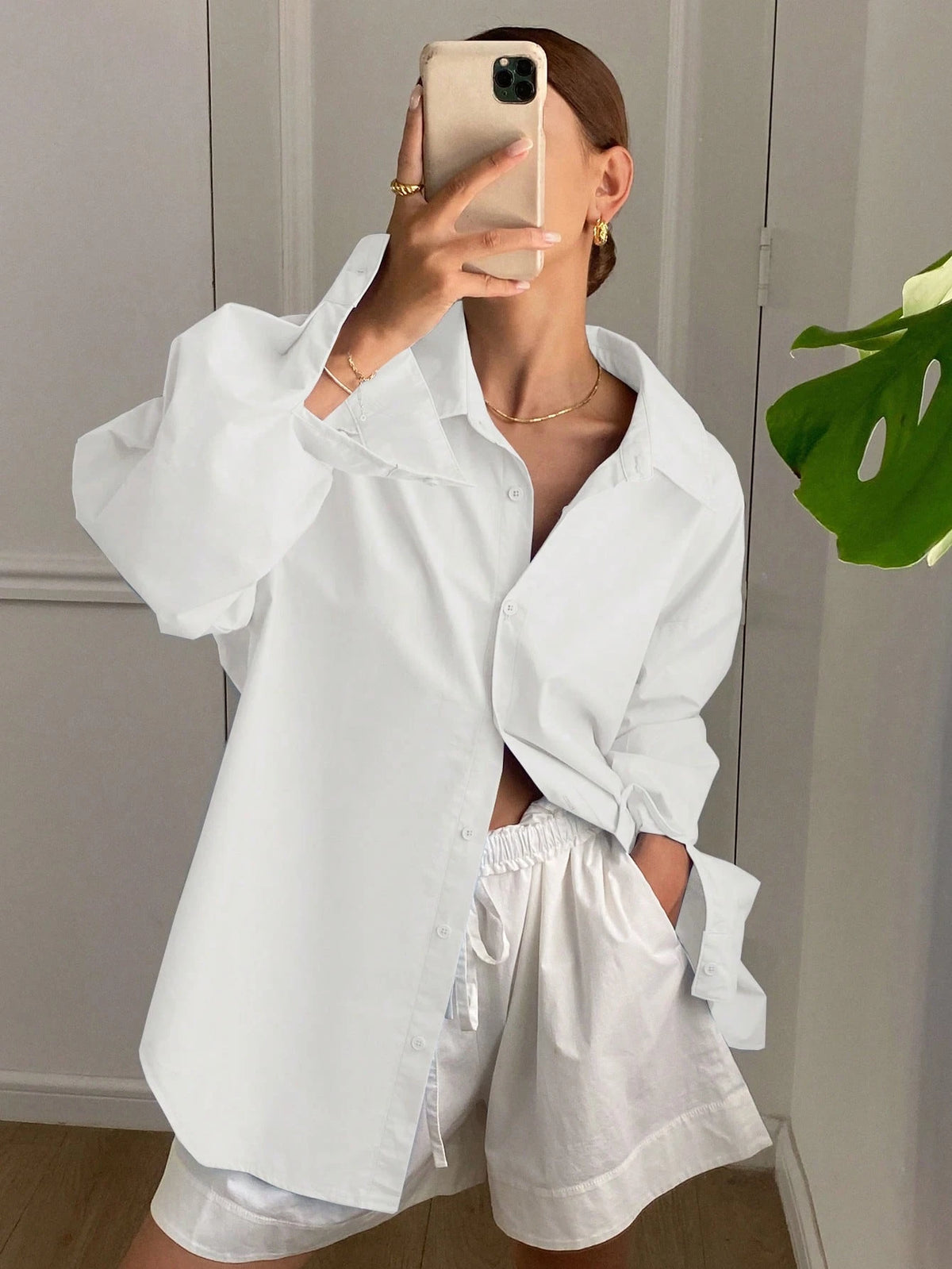 Livesso Solid Color Loose Long Sleeve Shirt With Collar, Back Slit, Self-Tie Bow For Women,Fall Clothes Preppy Tops