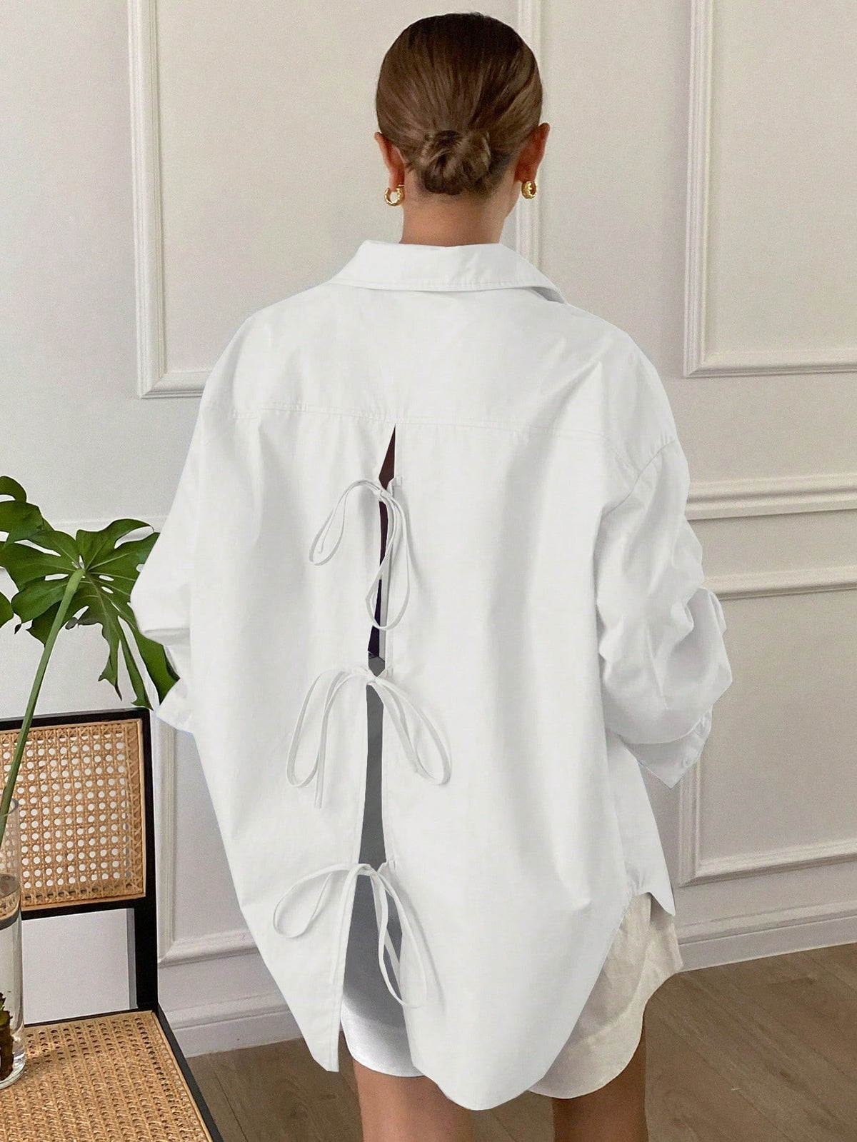 Livesso Solid Color Loose Long Sleeve Shirt With Collar, Back Slit, Self-Tie Bow For Women,Fall Clothes Preppy Tops