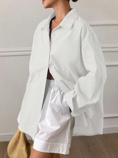 Livesso Solid Color Loose Long Sleeve Shirt With Collar, Back Slit, Self-Tie Bow For Women,Fall Clothes Preppy Tops