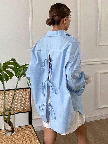 Livesso Solid Color Loose Long Sleeve Shirt With Collar, Back Slit, Self-Tie Bow For Women,Fall Clothes Preppy Tops