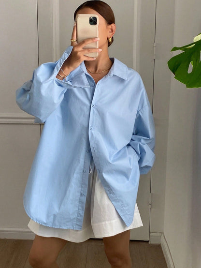 Livesso Solid Color Loose Long Sleeve Shirt With Collar, Back Slit, Self-Tie Bow For Women,Fall Clothes Preppy Tops