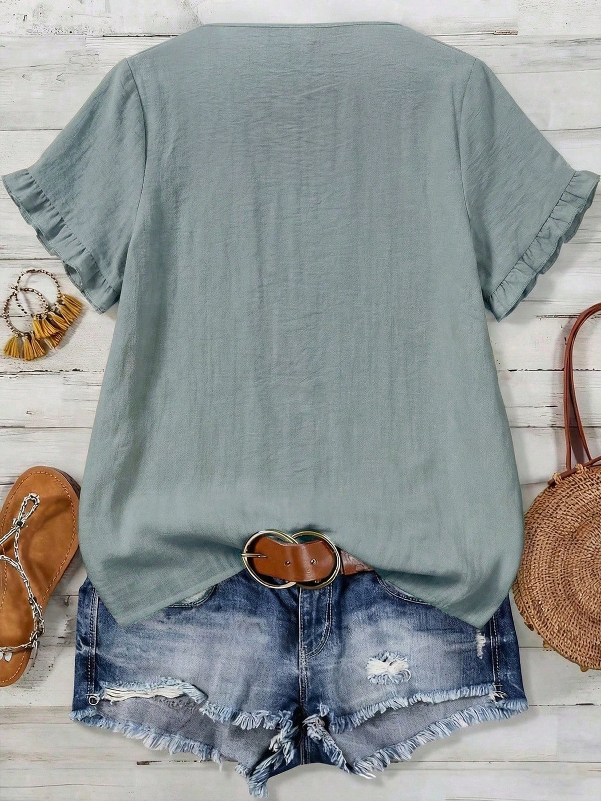 LUNE CURVE Plus Size Woven Casual Boho Resort Daily Vacation Commuting And Office Wear Summer Women's Shirt Dusty Blue