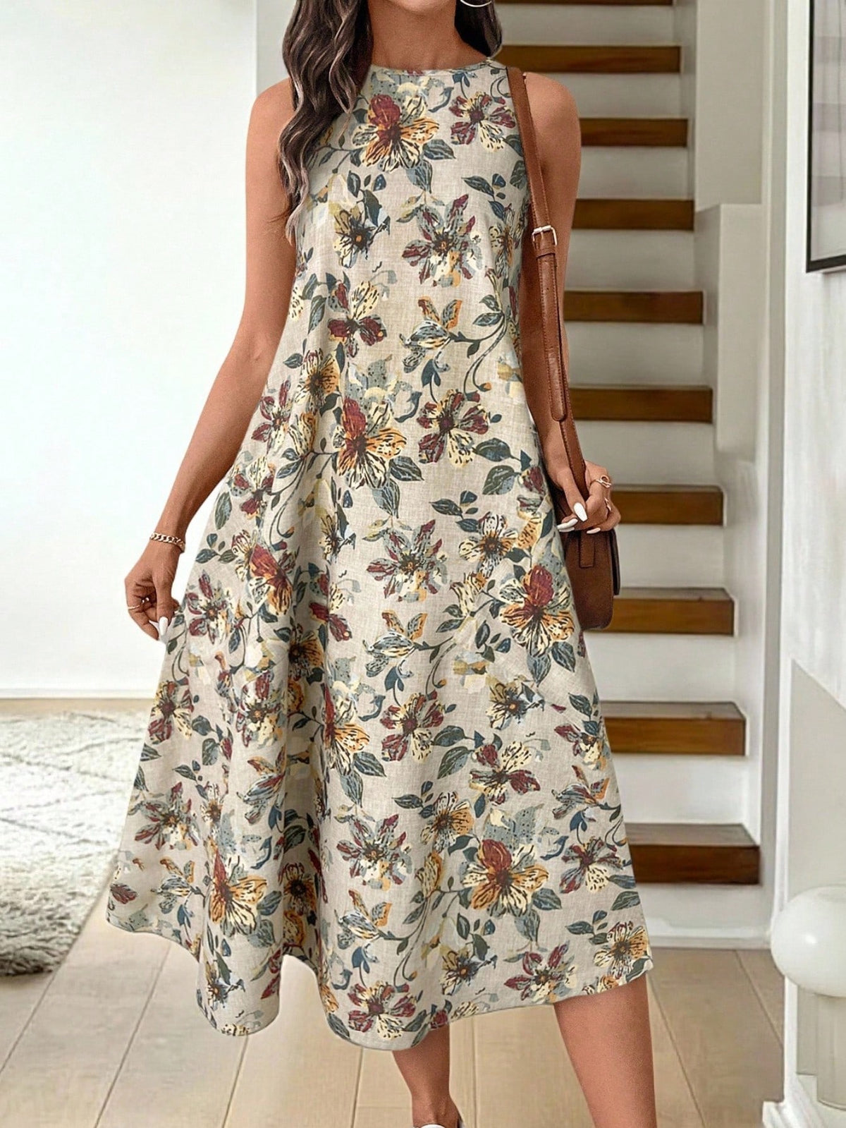 LUNE Round Neck Sleeveless Flared Hem Retro Floral Print Casual Elegant Midi Dress,Vacation Outfits Women
