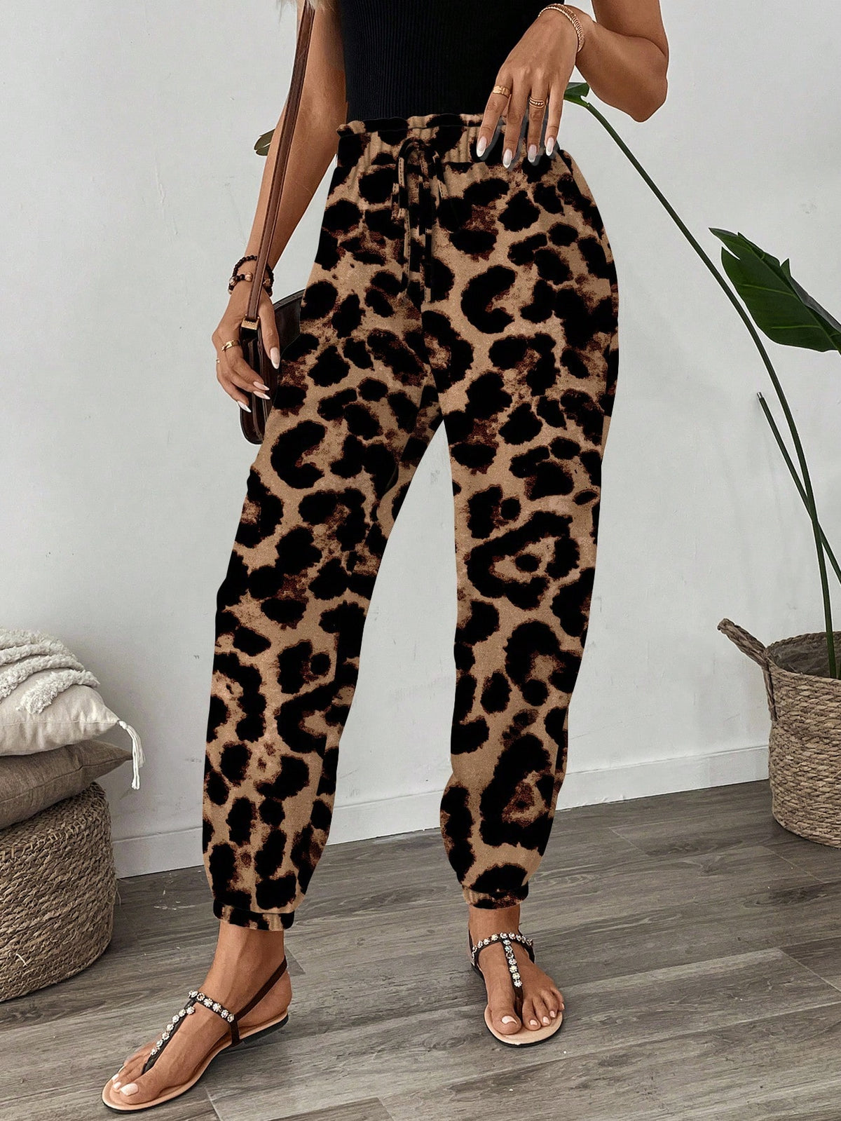 LUNE Women's Leopard Print High Waist Elastic Pants,Tan Summer Casual Vacation Resort Style Cheetah Animal Print Flare Leg Vintage Floral Casual Pants