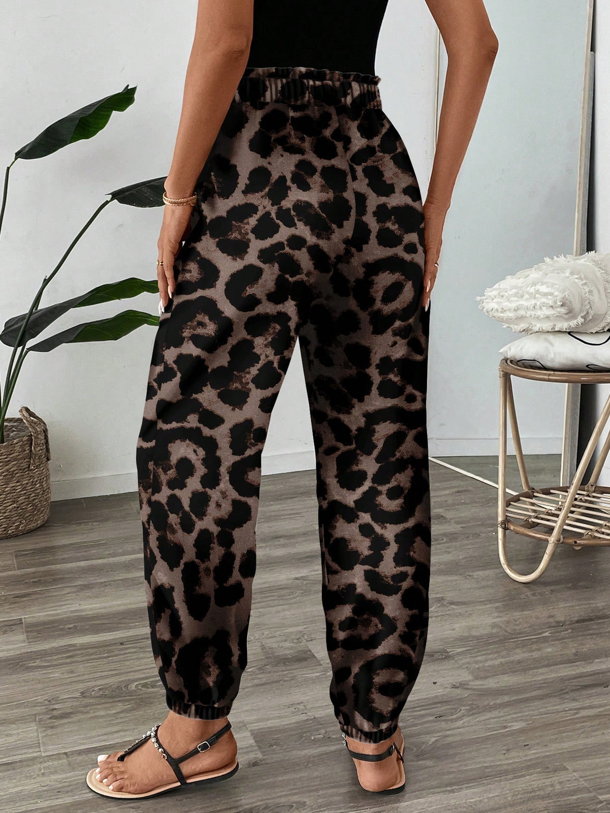 LUNE Women's Leopard Print High Waist Elastic Pants,Tan Summer Casual Vacation Resort Style Cheetah Animal Print Flare Leg Vintage Floral Casual Pants