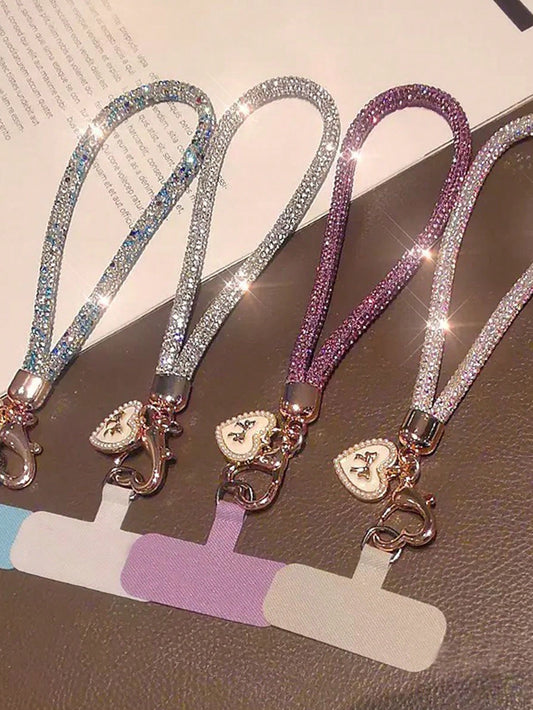 Luxury Rhinestone Phone Lanyard, Wrist Strap Accessory, Short Chic Bow & Heart Charm Pendant Bracelet