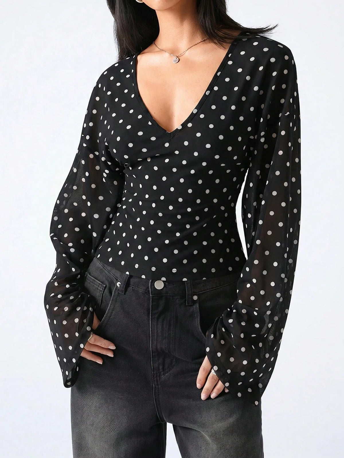LYSMO 2026 New Minimalist Black White Polka Dot,Autumn,Elegant,Dining V-Neck Fitted Casual Long Sleeve Blouse,Women's Tops And Shirts,Office Work Uniform