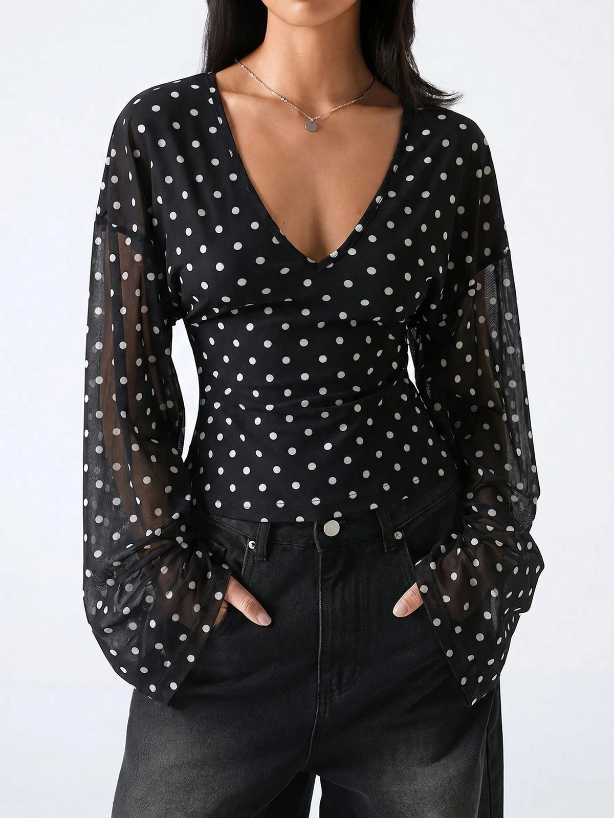 LYSMO 2026 New Minimalist Black White Polka Dot,Autumn,Elegant,Dining V-Neck Fitted Casual Long Sleeve Blouse,Women's Tops And Shirts,Office Work Uniform