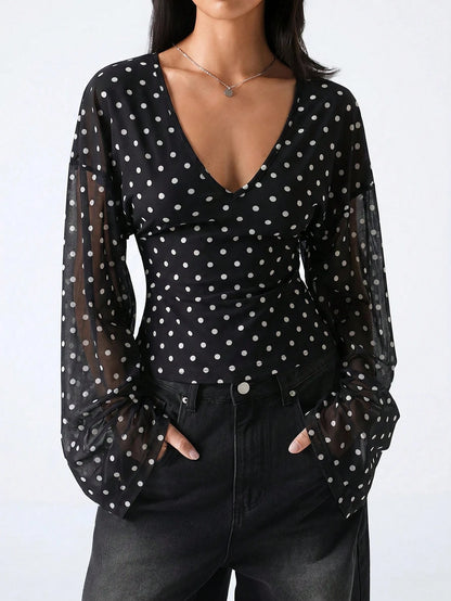 LYSMO 2026 New Minimalist Black White Polka Dot,Autumn,Elegant,Dining V-Neck Fitted Casual Long Sleeve Blouse,Women's Tops And Shirts,Office Work Uniform