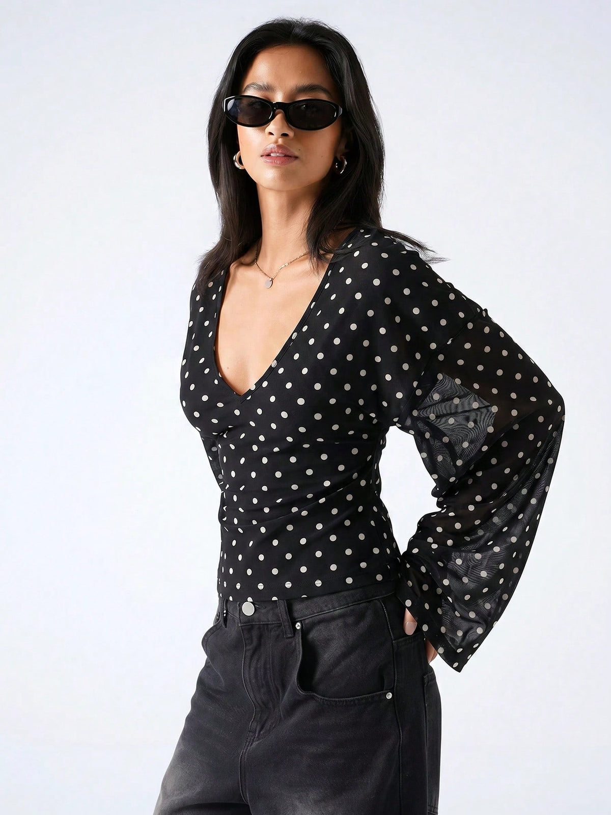 LYSMO 2026 New Minimalist Black White Polka Dot,Autumn,Elegant,Dining V-Neck Fitted Casual Long Sleeve Blouse,Women's Tops And Shirts,Office Work Uniform