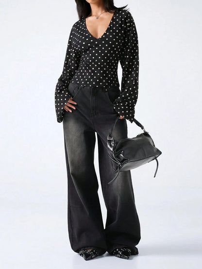 LYSMO 2026 New Minimalist Black White Polka Dot,Autumn,Elegant,Dining V-Neck Fitted Casual Long Sleeve Blouse,Women's Tops And Shirts,Office Work Uniform