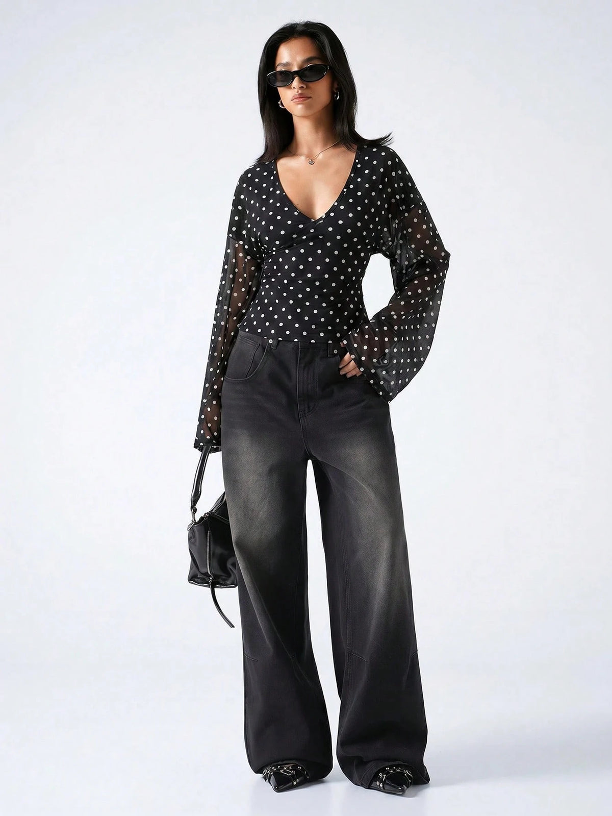 LYSMO 2026 New Minimalist Black White Polka Dot,Autumn,Elegant,Dining V-Neck Fitted Casual Long Sleeve Blouse,Women's Tops And Shirts,Office Work Uniform