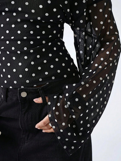 LYSMO 2026 New Minimalist Black White Polka Dot,Autumn,Elegant,Dining V-Neck Fitted Casual Long Sleeve Blouse,Women's Tops And Shirts,Office Work Uniform
