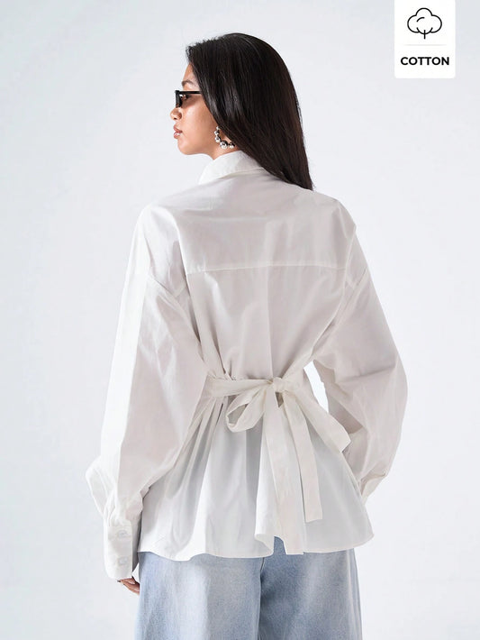 LYSMO Women's Minimalist Elegant Versatile Pocket Single-Breasted Long Sleeve Fashion Shirt Office White Autumn Teachers' Day