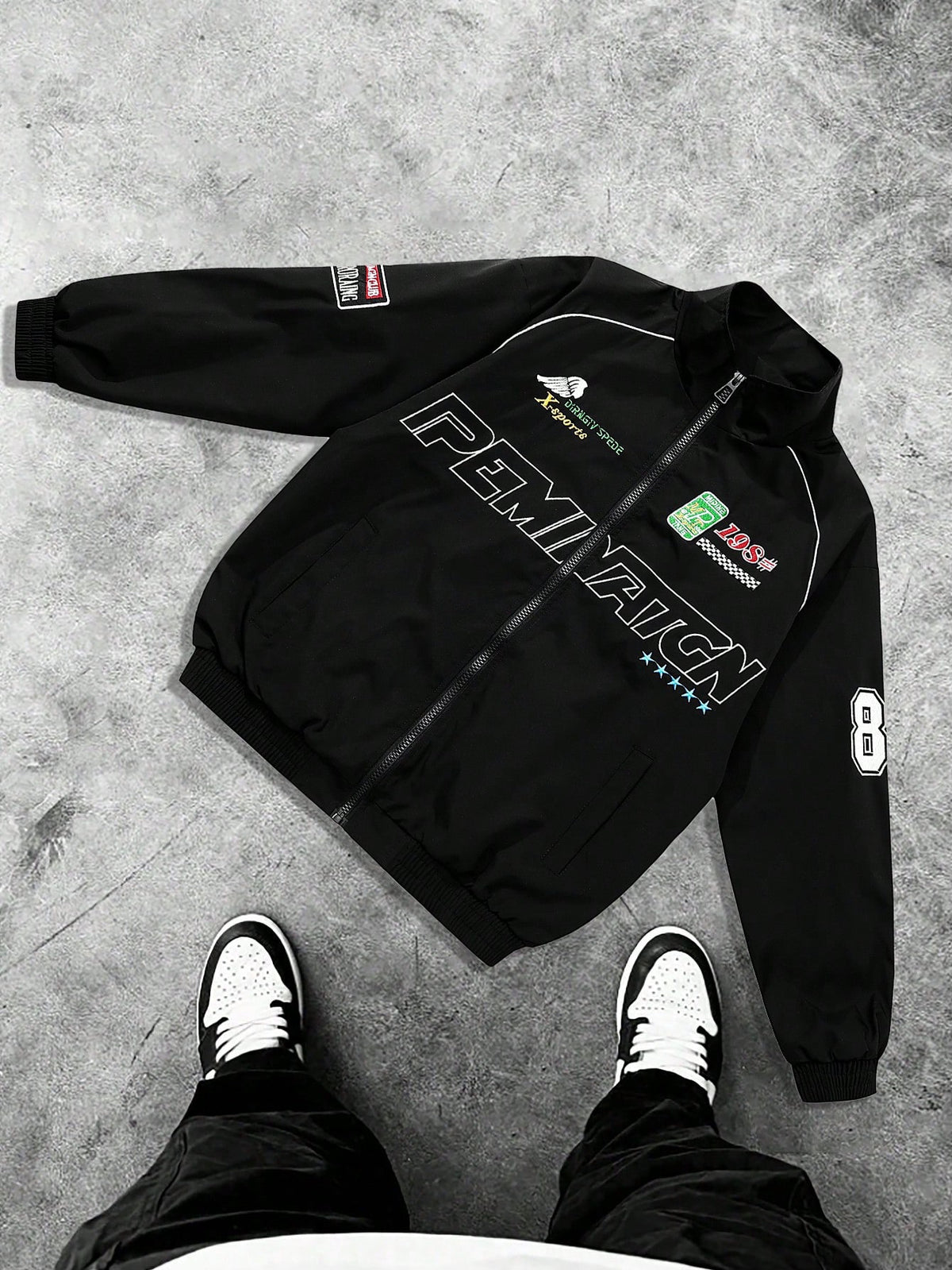 MAISONFOX Men's Casual Letter Print Long Sleeve Jacket, Spring/Autumn Streetwear Racing Jacket Motorcycle Jacket, Long Sleeve Designer Pilot Jacket