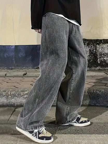Manfinity Hypemode Men Plus Slant Pocket Straight Leg Jeans,Charcoal Gray Autumn Streetwear Work Baggy Light Grey Acid Wash Wide Leg Cargo Jeans For Husband Boyfriend