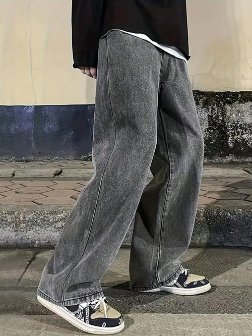 Manfinity Hypemode Men Plus Slant Pocket Straight Leg Jeans,Charcoal Gray Autumn Streetwear Work Baggy Light Grey Acid Wash Wide Leg Cargo Jeans For Husband Boyfriend
