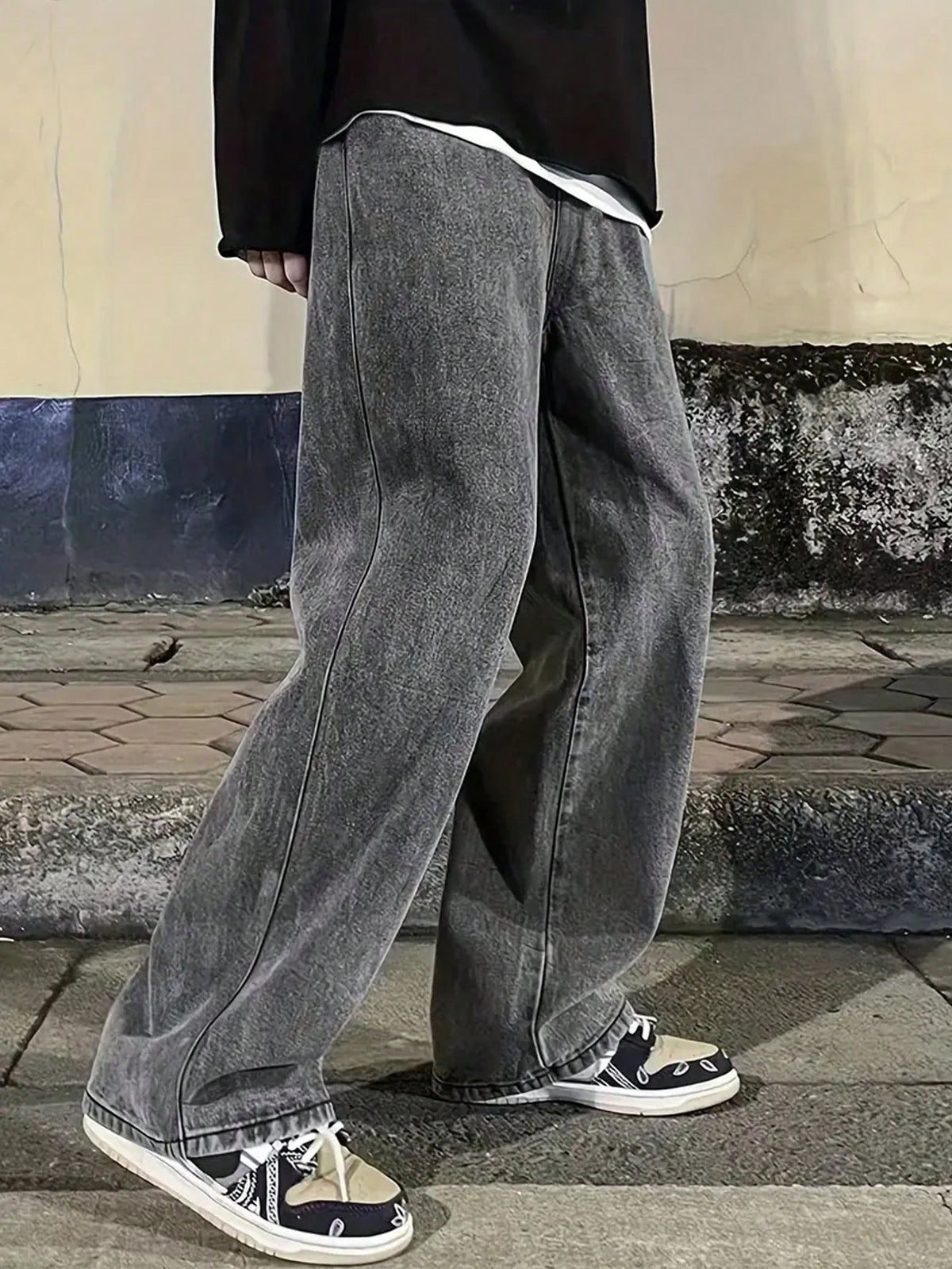 Manfinity Hypemode Men Plus Slant Pocket Straight Leg Jeans,Charcoal Gray Autumn Streetwear Work Baggy Light Grey Acid Wash Wide Leg Cargo Jeans For Husband Boyfriend