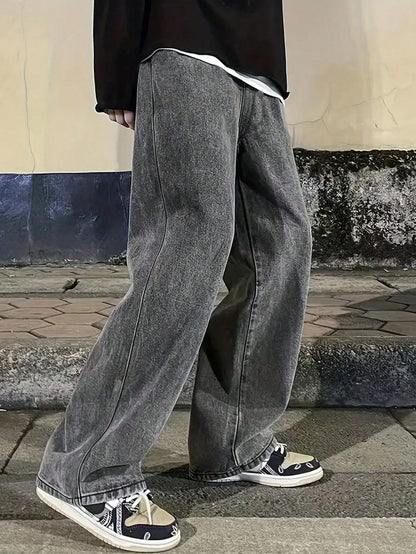 Manfinity Hypemode Men Plus Slant Pocket Straight Leg Jeans,Charcoal Gray Autumn Streetwear Work Baggy Light Grey Acid Wash Wide Leg Cargo Jeans For Husband Boyfriend