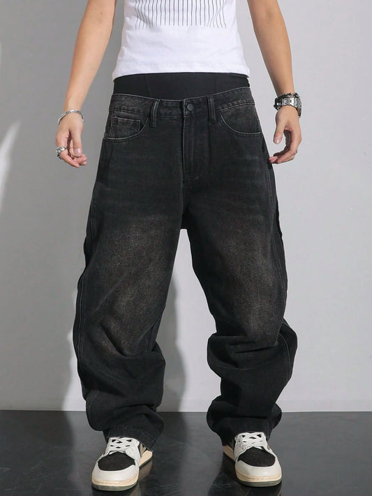 Manfinity Hypemode Plus Size Men's Pocket Decor Loose Wide Leg Casual Versatile Jeans Baggy Jeans Men Hang Out Going Out Commute Vacation Street, Grunge