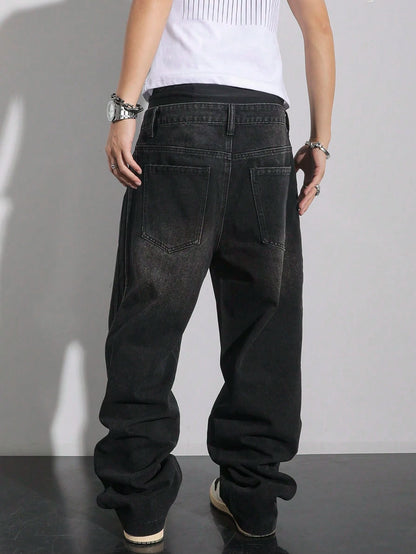 Manfinity Hypemode Plus Size Men's Pocket Decor Loose Wide Leg Casual Versatile Jeans Baggy Jeans Men Hang Out Going Out Commute Vacation Street, Grunge