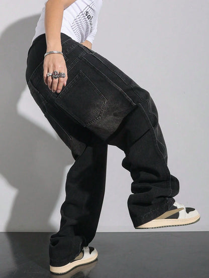 Manfinity Hypemode Plus Size Men's Pocket Decor Loose Wide Leg Casual Versatile Jeans Baggy Jeans Men Hang Out Going Out Commute Vacation Street, Grunge