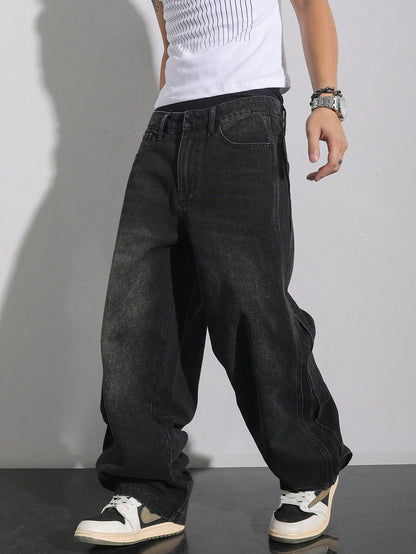 Manfinity Hypemode Plus Size Men's Pocket Decor Loose Wide Leg Casual Versatile Jeans Baggy Jeans Men Hang Out Going Out Commute Vacation Street, Grunge