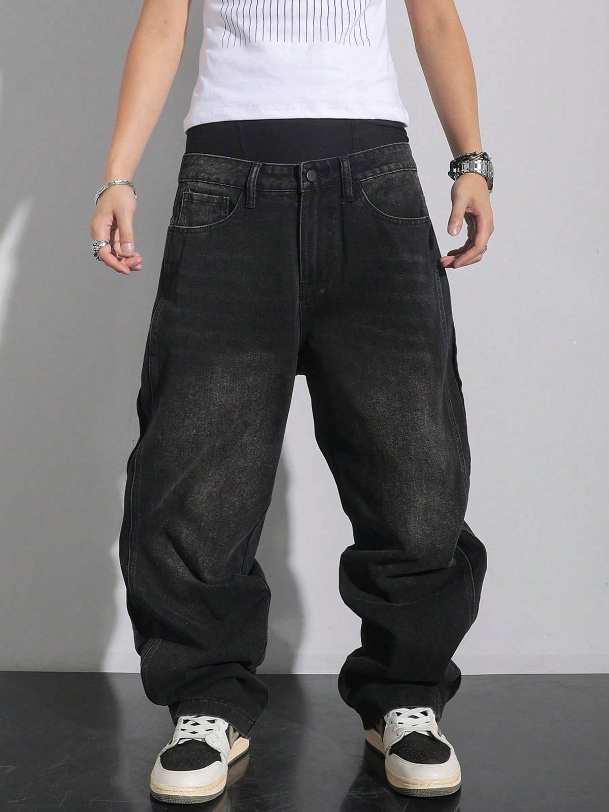 Manfinity Hypemode Plus Size Men's Pocket Decor Loose Wide Leg Casual Versatile Jeans Baggy Jeans Men Hang Out Going Out Commute Vacation Street, Grunge