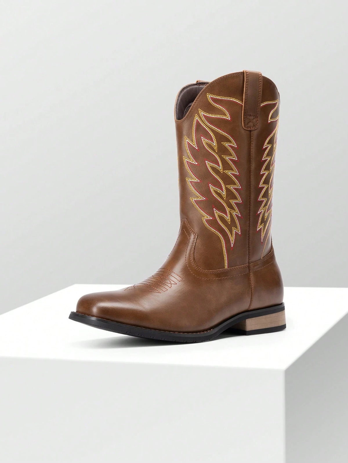 Men's Western Cowboy Boots Slip On Boots With Chic Embroidered Durable Short Retro Country Square Toe Boot