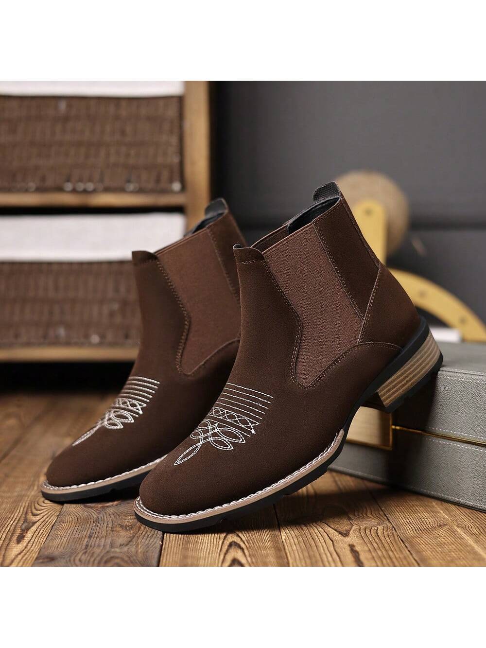 Men's Western Embroidered Chelsea Boots, Matte PU Leather Square Toe Elastic Work Boots, Black, US Size 6.5-12.5