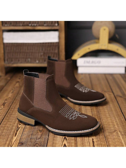 Men's Western Embroidered Chelsea Boots, Matte PU Leather Square Toe Elastic Work Boots, Black, US Size 6.5-12.5