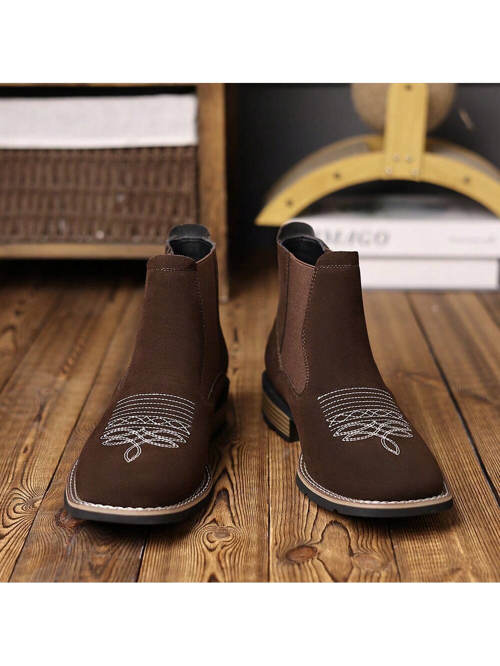 Men's Western Embroidered Chelsea Boots, Matte PU Leather Square Toe Elastic Work Boots, Black, US Size 6.5-12.5