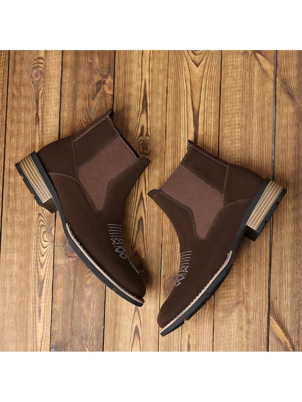 Men's Western Embroidered Chelsea Boots, Matte PU Leather Square Toe Elastic Work Boots, Black, US Size 6.5-12.5