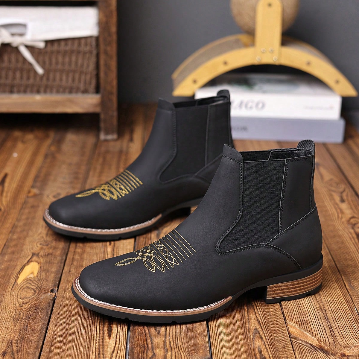 Men's Western Embroidered Chelsea Boots, Matte PU Leather Square Toe Elastic Work Boots, Black, US Size 6.5-12.5