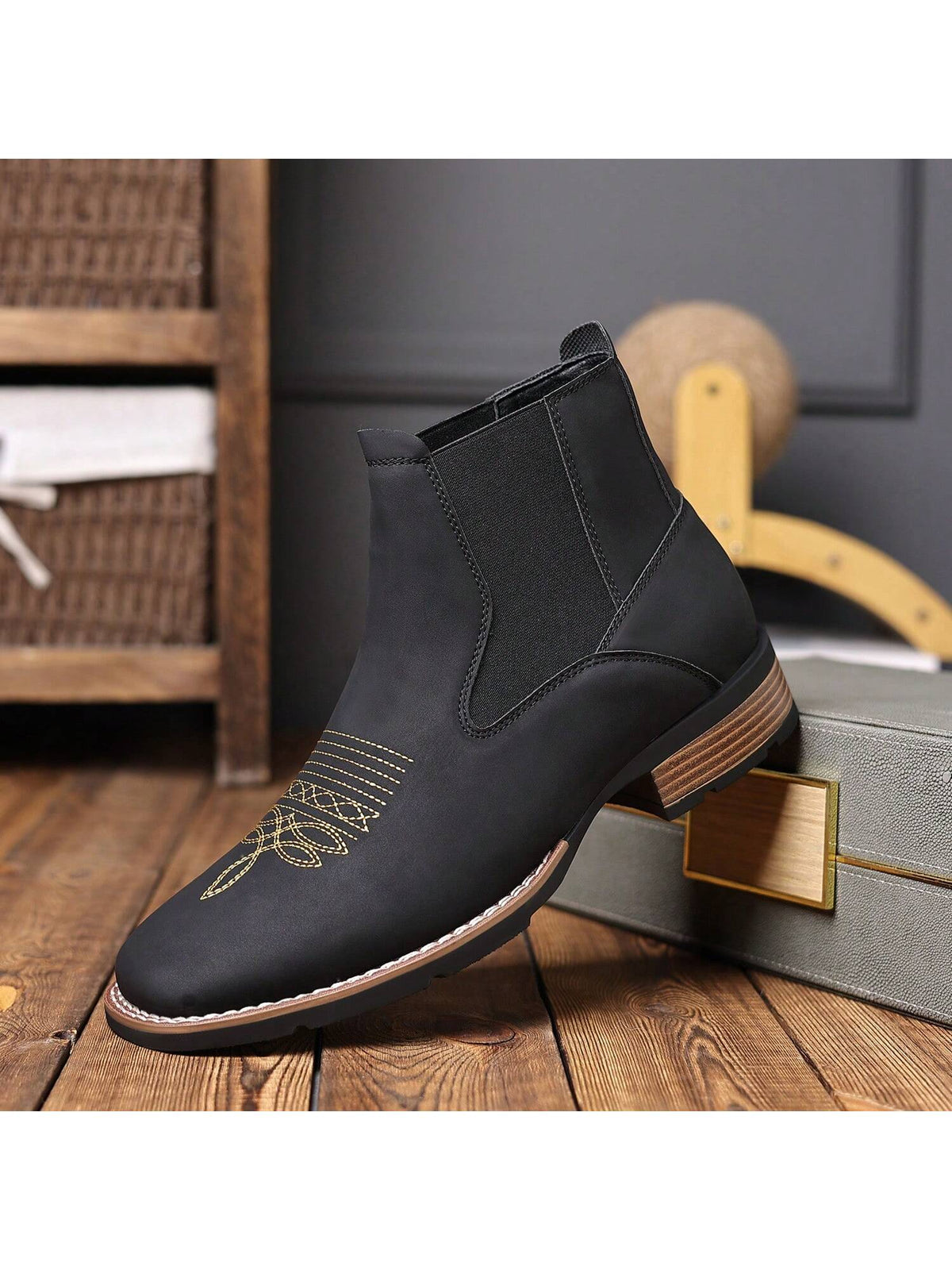 Men's Western Embroidered Chelsea Boots, Matte PU Leather Square Toe Elastic Work Boots, Black, US Size 6.5-12.5