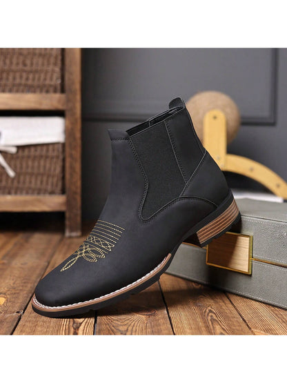 Men's Western Embroidered Chelsea Boots, Matte PU Leather Square Toe Elastic Work Boots, Black, US Size 6.5-12.5