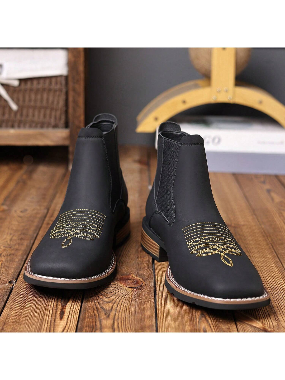 Men's Western Embroidered Chelsea Boots, Matte PU Leather Square Toe Elastic Work Boots, Black, US Size 6.5-12.5