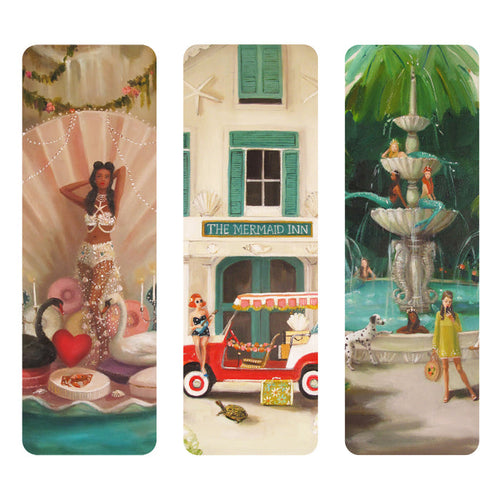Three scenic bookmarks featuring a mermaid, a beach scene with 'The Mermaid Inn', and a fountain with mermaids.
