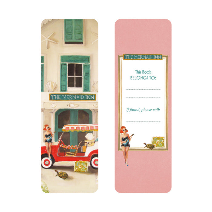 Bookmarks with vintage design of 'The Mermaid Inn' and a woman by a car on the front and bookplate on the back.