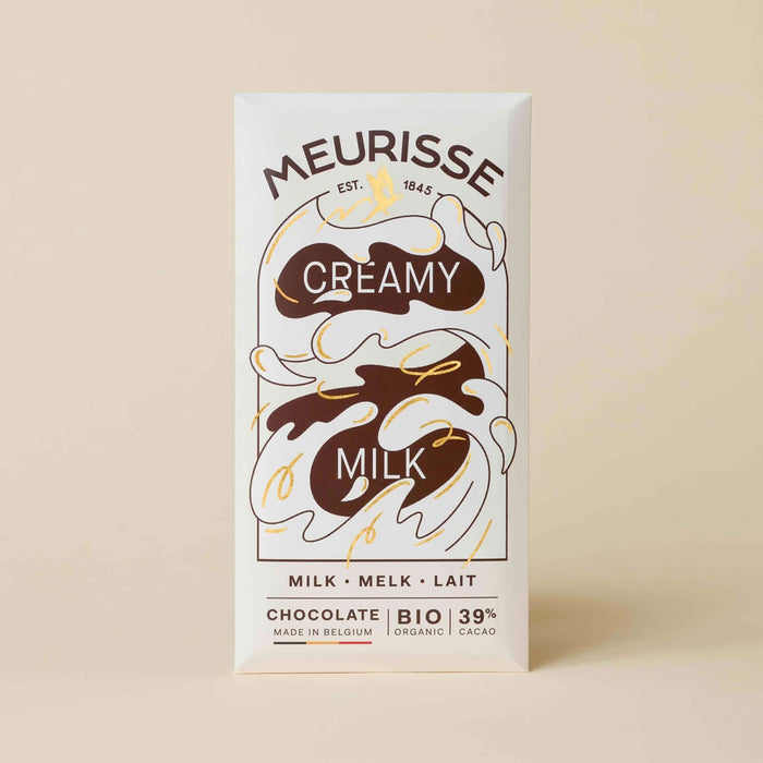 Meurisse Creamy Milk Chocolate packaging featuring organic 39% cacao, made in Belgium since 1845.