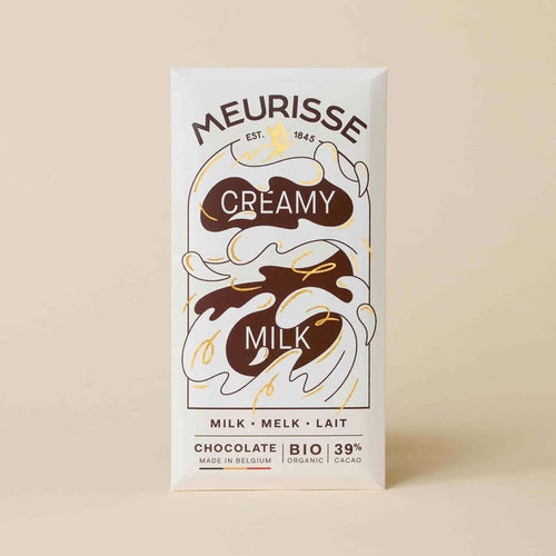 Meurisse Creamy Milk Chocolate packaging featuring organic 39% cacao, made in Belgium since 1845.