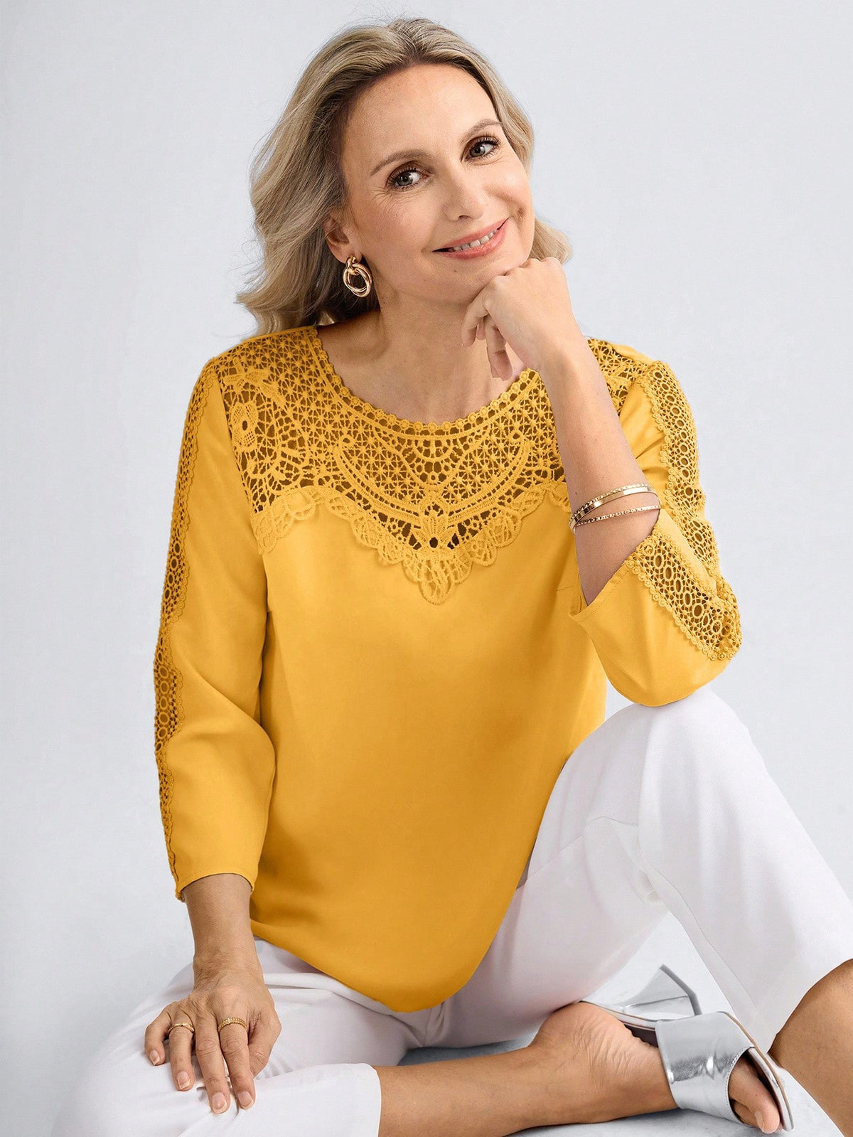 Miaspire Women's Elegant Golden Yellow Eyelet Top, Custom Floral Collar Insert Casual Vacation Summer Tea Party Blouse, Mother's Day Gift For Mom