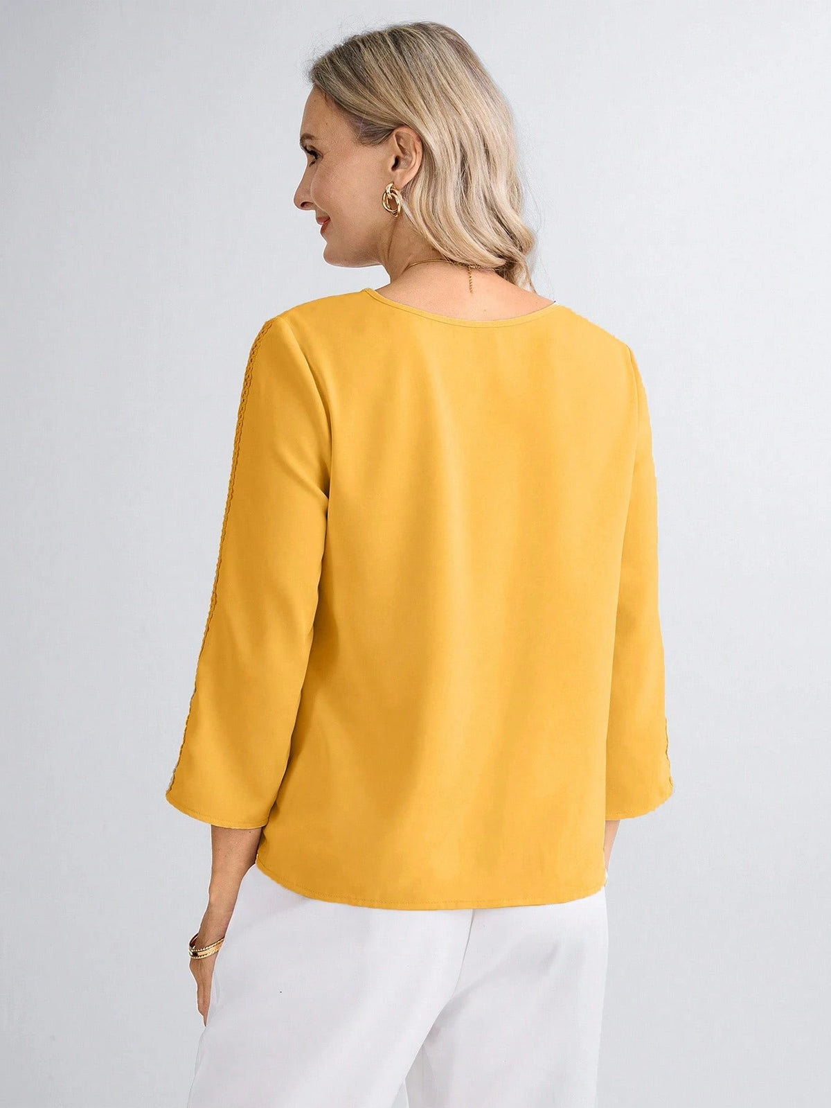 Miaspire Women's Elegant Golden Yellow Eyelet Top, Custom Floral Collar Insert Casual Vacation Summer Tea Party Blouse, Mother's Day Gift For Mom