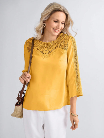Miaspire Women's Elegant Golden Yellow Eyelet Top, Custom Floral Collar Insert Casual Vacation Summer Tea Party Blouse, Mother's Day Gift For Mom