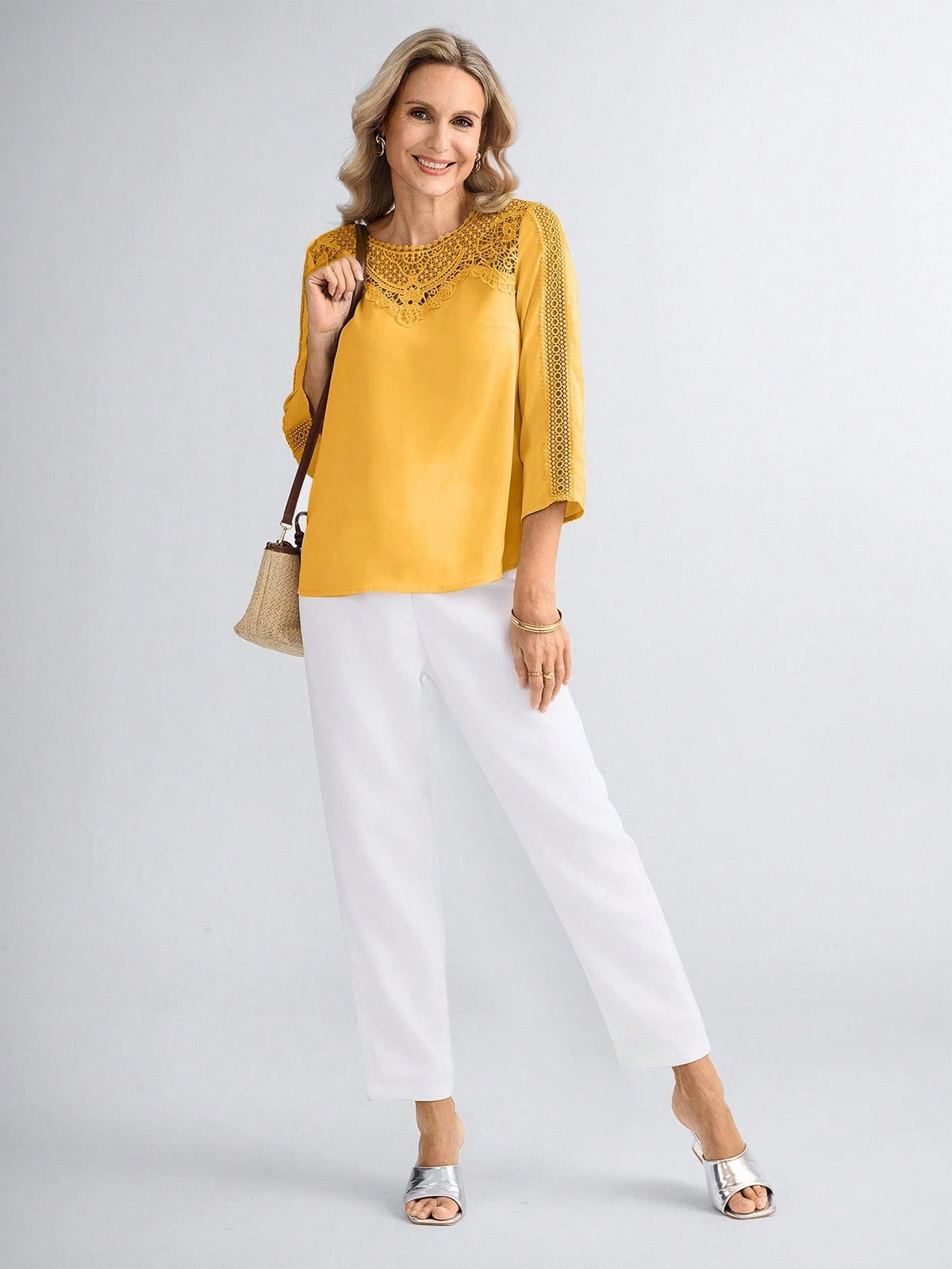 Miaspire Women's Elegant Golden Yellow Eyelet Top, Custom Floral Collar Insert Casual Vacation Summer Tea Party Blouse, Mother's Day Gift For Mom